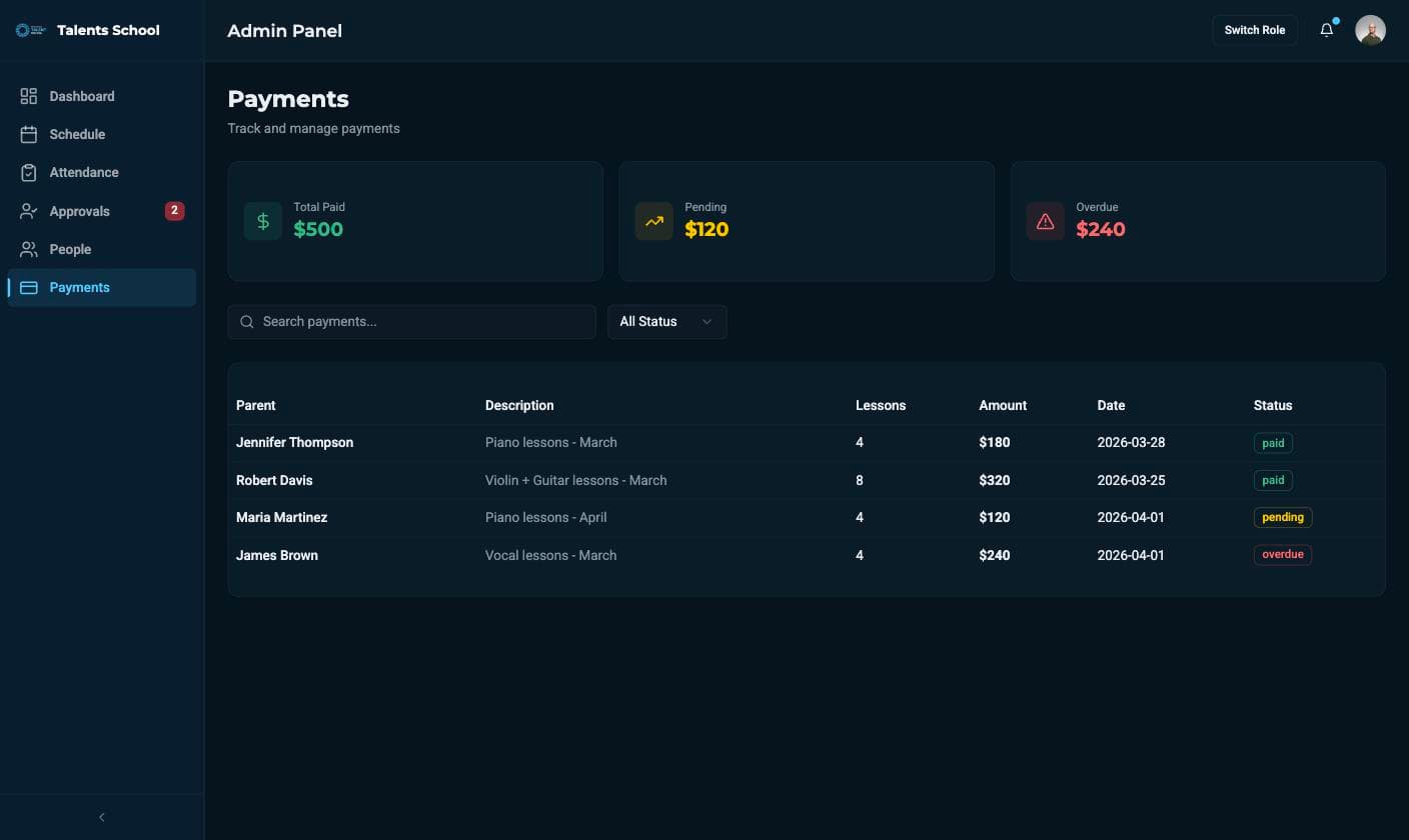 Talents School — payments